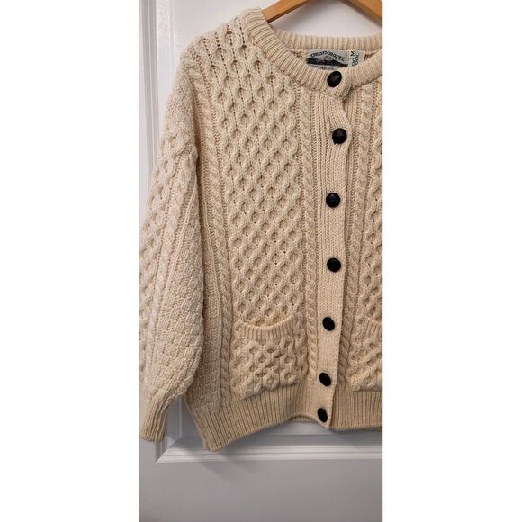 Irish 100% Wool Arancrafts Cream White Cable Knit Button Cardigan Sweater Sz. M - Picture 2 of 10